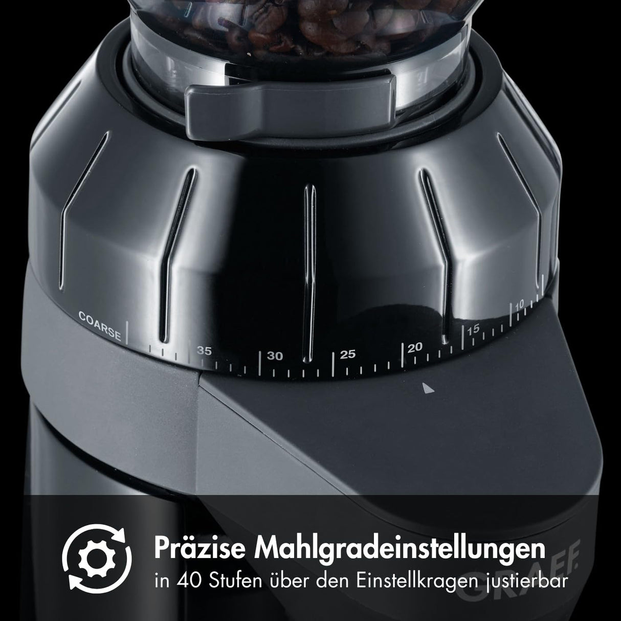 GRAEF CM802 Molinillo de Café Eléctrico 128W, 350g, Cuerpo Aluminio, Molino Cónico Inox, 40 Niveles, Portafiltro, Antiestático, Negro