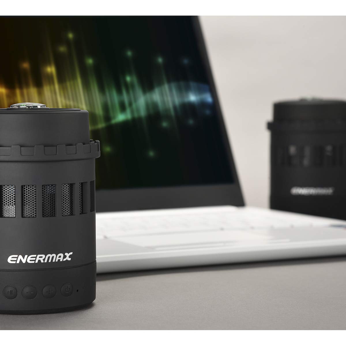 Enermax Pharoslite Negro, 2 Altavoces Bluetooth inalámbricos, Altavoz estéreo HD, LED, Graves potentes, Micro SD, Linterna SOS, luz Nocturna, brújula, Taza, 6 Modos RGB, batería 6h, P 10m