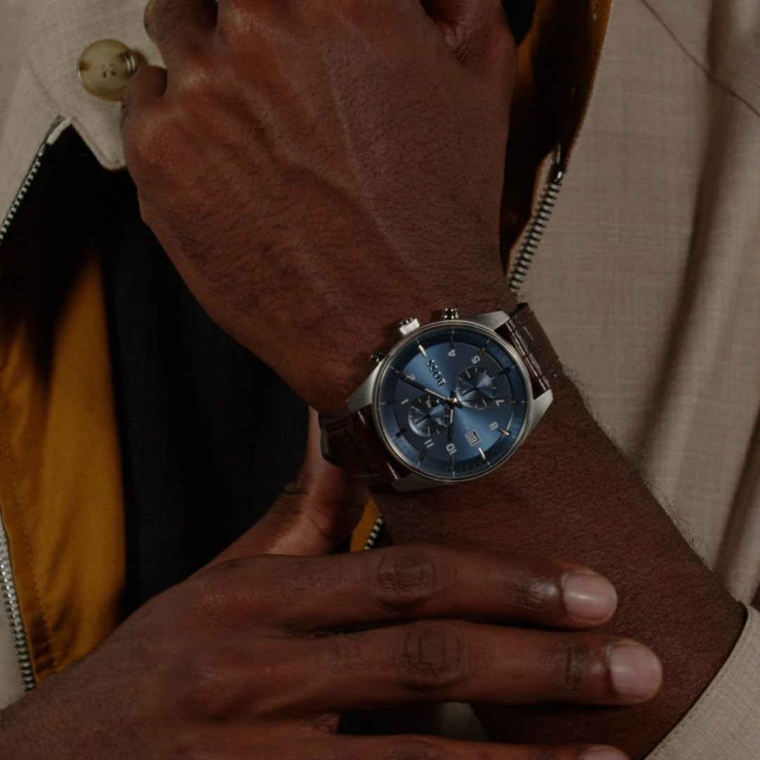 BOSS Reloj Cronógrafo de Cuarzo para Hombre Colección SKYTRAVELLER con Correa de Cuero Marrón Oscuro - 1514194