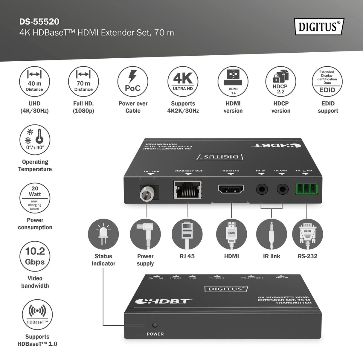 DIGITUS DS-55520 Extensor HDMI (HDBaseT) - UHD 4K/30 Hz - 40 m mediante cable LAN (HDBaseT 70 m) - Conjunto: emisor y receptor - IR infrarrojos, RS232 - HDCP 2.2/1.4 y HDBaseT 1.0