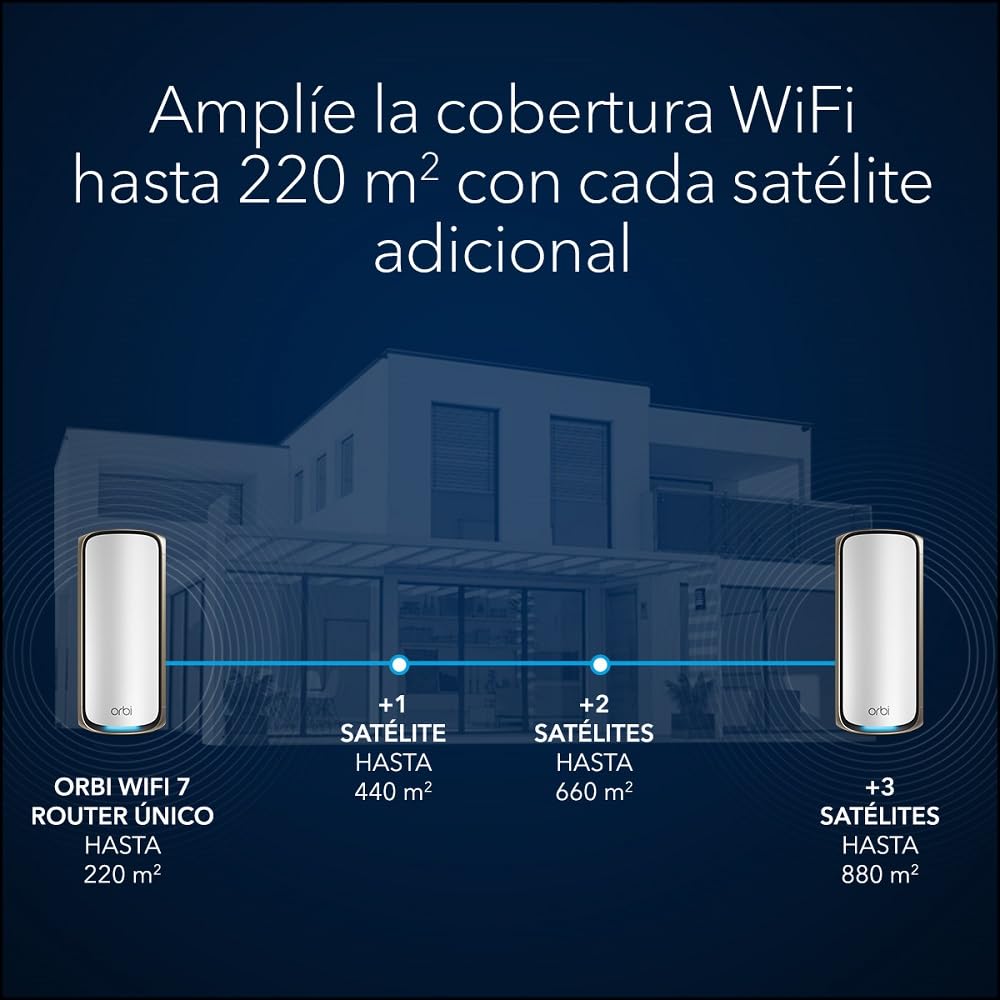 Netgear Orbi Satélite Mesh Adicional WiFi 7 Serie 970 Quad-Band RBE970 | Funciona con Orbi RBE972S y RBE973S |amplía la Cobertura up to 300 m2s |BE27000 802.11be (hasta 27Gbps)