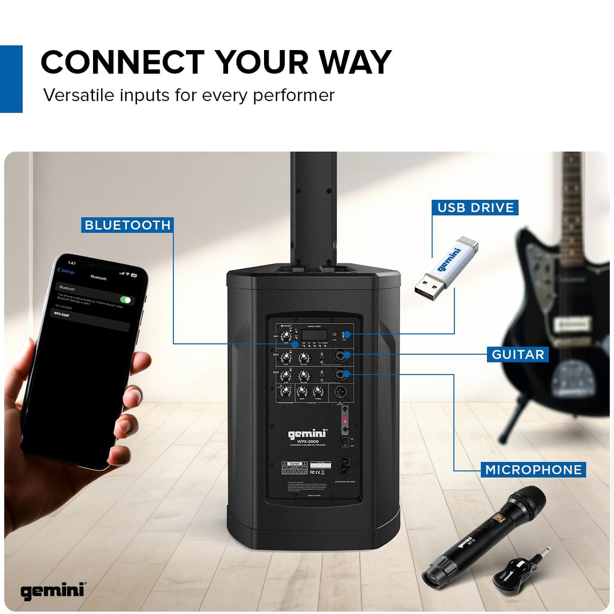 Gemini Sound Wpx-2000 Altavoz Modular Line Array, 1200W Potencia Pico, PA Portátil, Bluetooth Streaming, TWS Link, Reverb Ajustable y Drivers de Neodimio de Alta Fidelidad