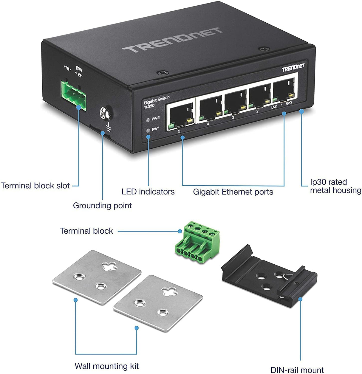 Trendnet, TI-G50, Switch DIN-Rail Industrial Ethernet Gigabit de 5 Puertos, Capacidad de conmutación de 10 Gbps, clasificación IP30 (-40 °C a 167 °F), Incluye Soportes para Montaje en Pared