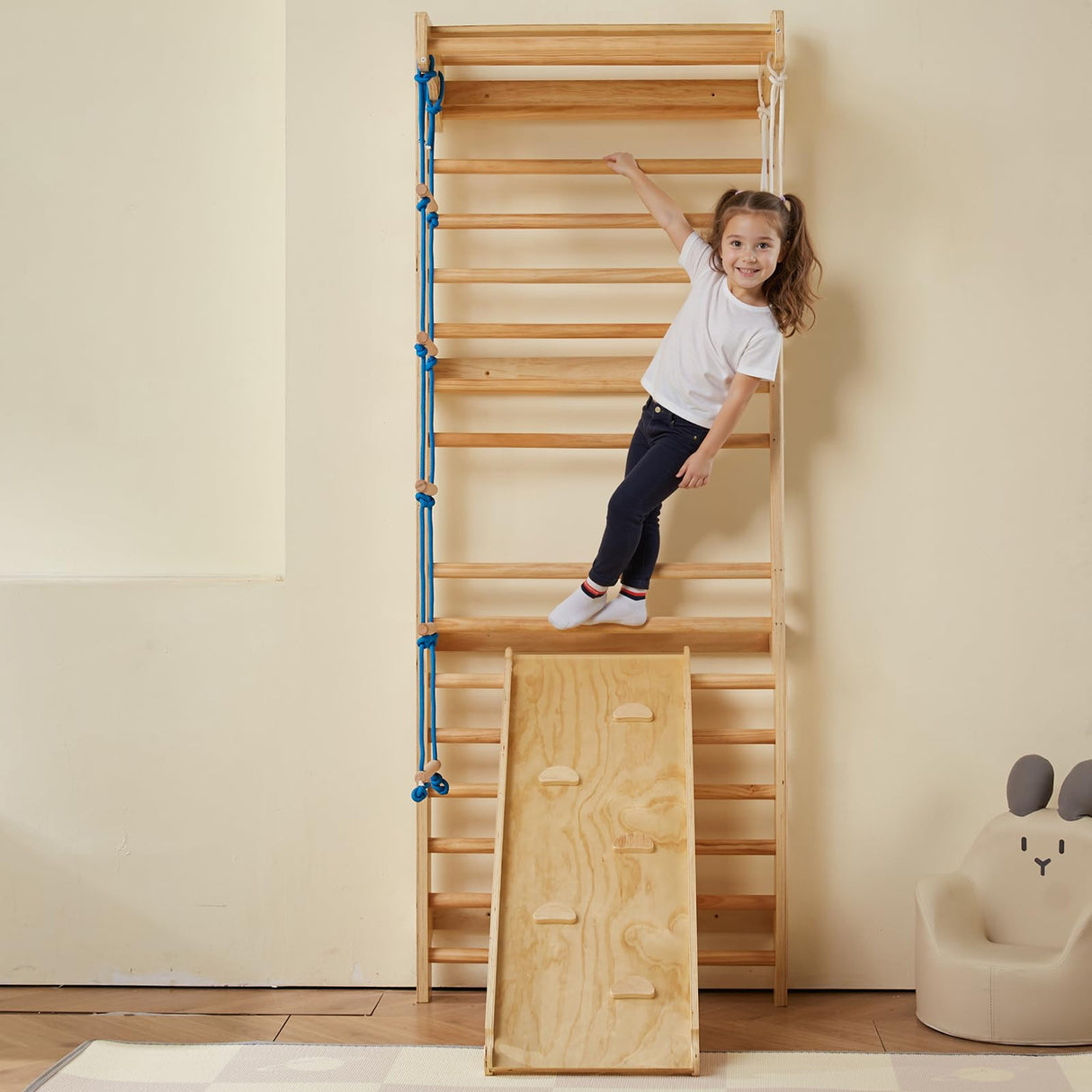VEVOR 5 en 1 Juguetes de Escalada de Madera, Carga de 99,8 kg, Escalera Sueca de Pared con Barra de Dominadas, Anillos de Gimnasio, Escalera de Cuerda, Escalera de Pared, Tablero Deslizante