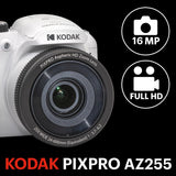 KODAK Pixpro Astro Zoom AZ255 - Cámara Digital Bridge 16 MP, Zoom Optico 25X, Video HD 1080p, Gran Angular 24 mm, Estabilizador Optico de Imagen, Pantalla LCD 3", Pilas AA - Blanco