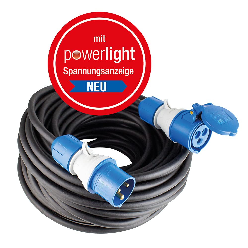 as - Schwabe - Cable de extensión para exteriores 10 m con nuevo indicador de tensión, enchufe y toma de corriente CEE, 3 polos, 230 V /16 A, protección contra agua en exteriores IP44, negro