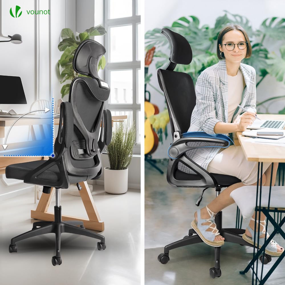 VOUNOT® Silla Oficina Ergonómica, Silla de Escritorio para Ordenador, Ajustable y Reclinable con Reposacabezas, Soporte Lumbar y Reposabrazos Abatibles, Malla Transpirable Ruedas Giratorias 360° Negro