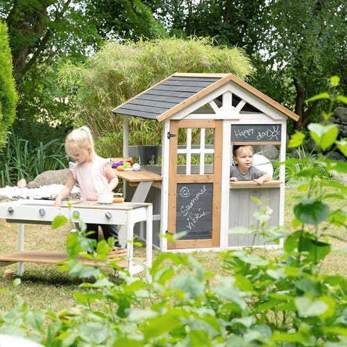 roba Ampliación de Cocina para casa de Juegos – Cocina Infantil al Aire Libre Blanco y marrón con Barbacoa y Placas de cocción – Accesorios para casa de Juegos de jardín a Partir de 18 Meses – con