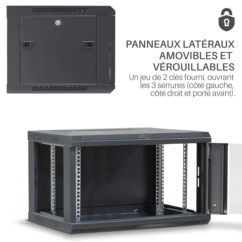 WAYTEX 37401 - Caja de Armario de Red de 19 Pulgadas, 6U – 600 x 450 x 368 mm – Montaje en Pared o Patas suministradas – Puerta de Cristal con Cerradura – Color Negro