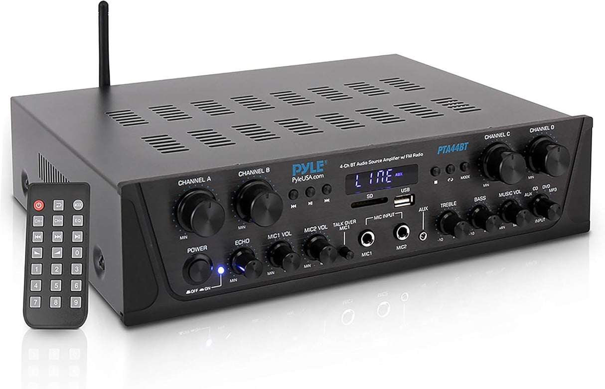 Pyle Amplificador de Audio, Inalambrico, Bluetooth, Estereo, 4 Canales, Entrada de microfono, AUX, Salida del Altavoz del subwoofer RCA, USB, Potencia Maxima de 500W a 4-8 ohmios