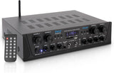 Pyle Amplificador de Audio, Inalambrico, Bluetooth, Estereo, 4 Canales, Entrada de microfono, AUX, Salida del Altavoz del subwoofer RCA, USB, Potencia Maxima de 500W a 4-8 ohmios