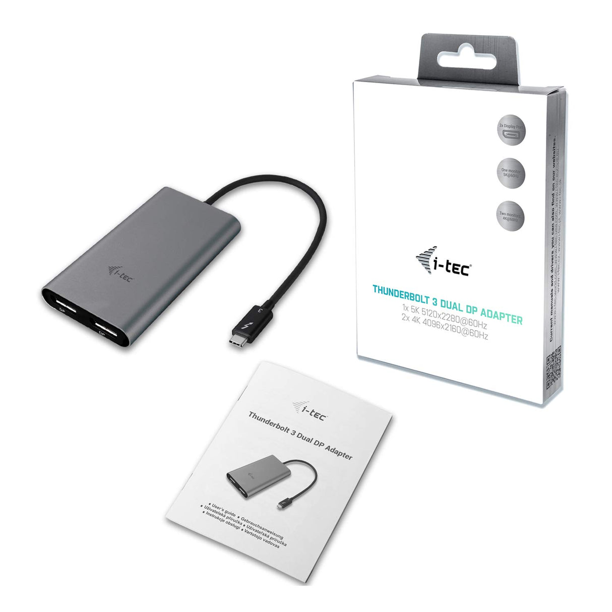 i-tec 3 Dual DisplayPort Video Adaptador para Thunderbolt 3 2X 4K 60Hz para MacOS Windows, Thunderbolt 3 a 2X displayport Adaptador