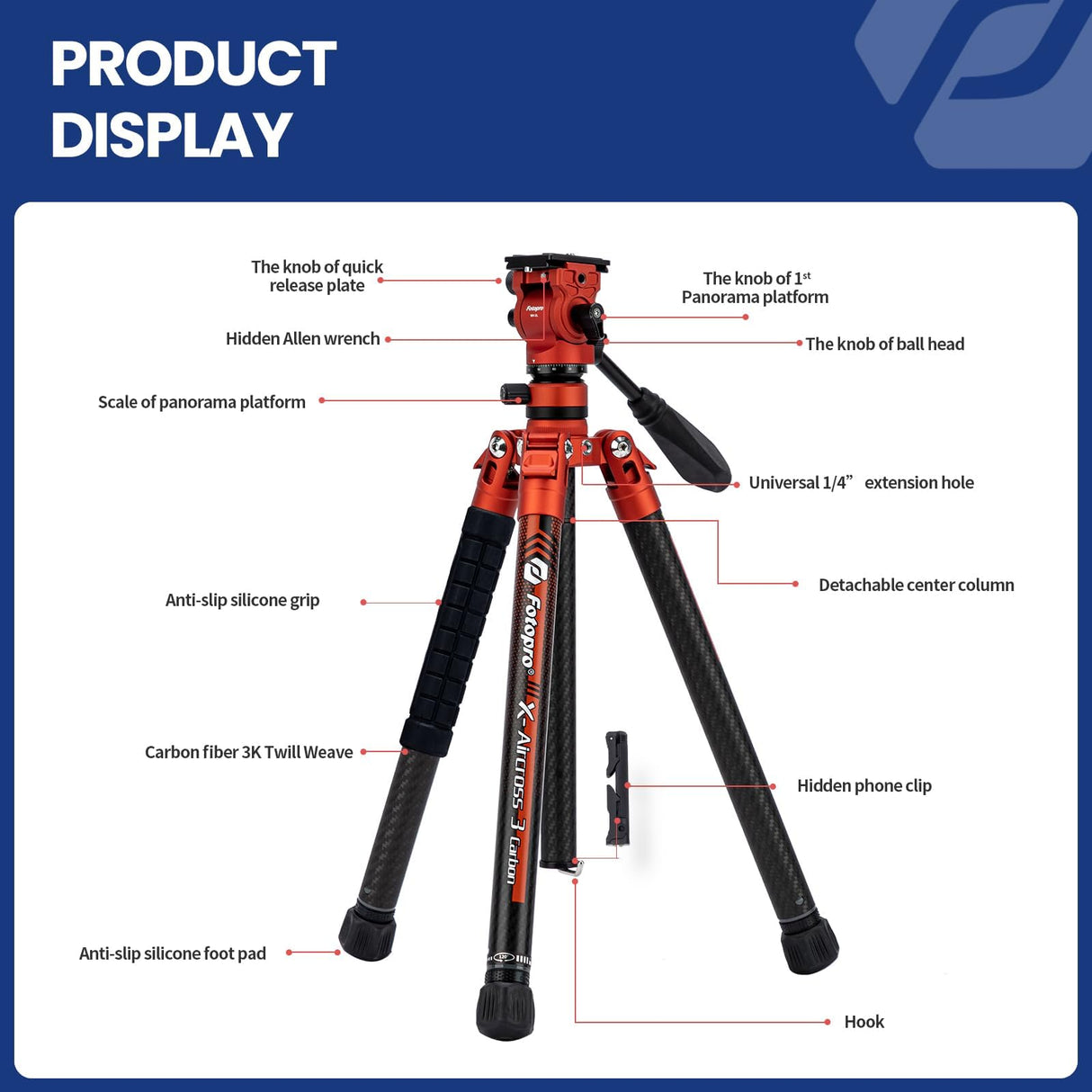 Fotopro X-Aircross 3 Video - Trípode Ligero para cámara de Viaje de 62 Pulgadas con Cabezal de Fluido de 2,35 Libras, trípode de Fibra de Carbono para cámara DSLR