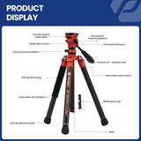 Fotopro X-Aircross 3 Video - Trípode Ligero para cámara de Viaje de 62 Pulgadas con Cabezal de Fluido de 2,35 Libras, trípode de Fibra de Carbono para cámara DSLR