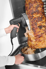 HENDI Cortador eléctrico para kebab, shawarma, gyros, corte ajustable 0-8mm, cuchilla: 2600 rpm, cuchillo eléctrico profesional para cortar carne, 80W, 60kg/h, 230V, 202x125x(H)182mm, acero inoxidable