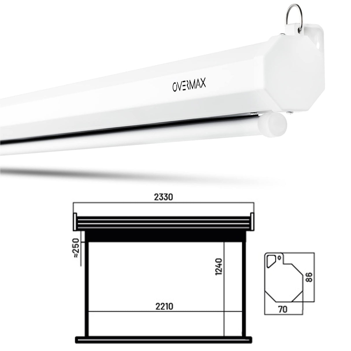 OVERMAX Screen Pantalla de proyección con trípode, Tres Patas, Ajuste de Altura de Pantalla y trípode, retracción automática de Pantalla con Resorte ((100'') 221 x 124 cm)