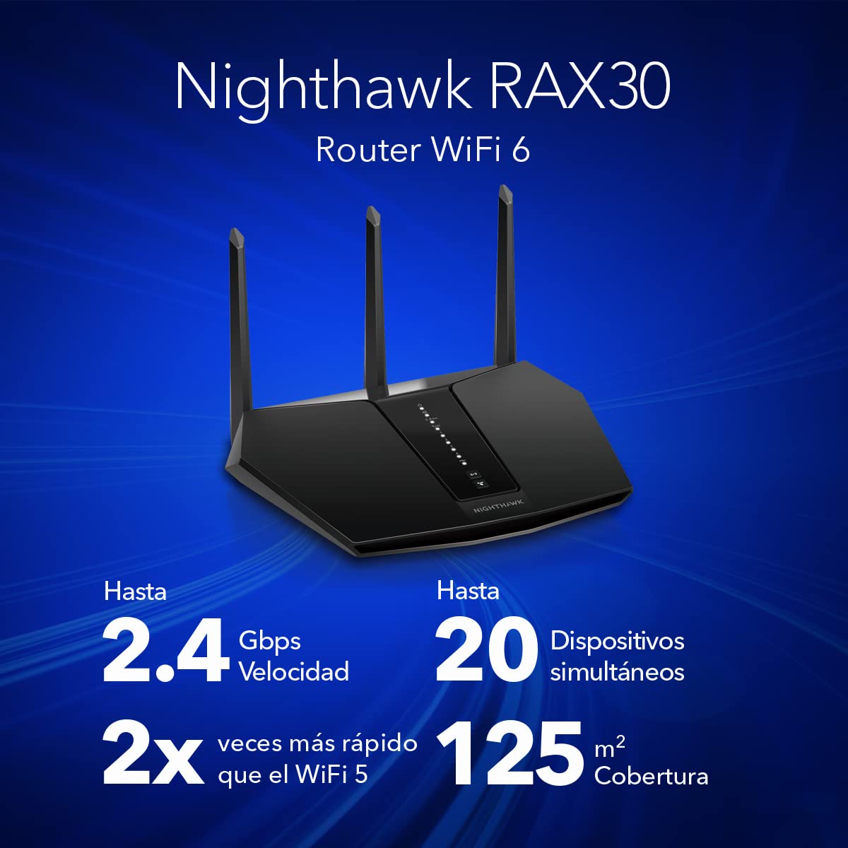 NETGEAR Nighthawk AX5 Router WiFi 6 RAX30, Velocidad AX2400 de 5 transmisiones, Cobertura de hasta 125 Metros Cuadrados, Negro