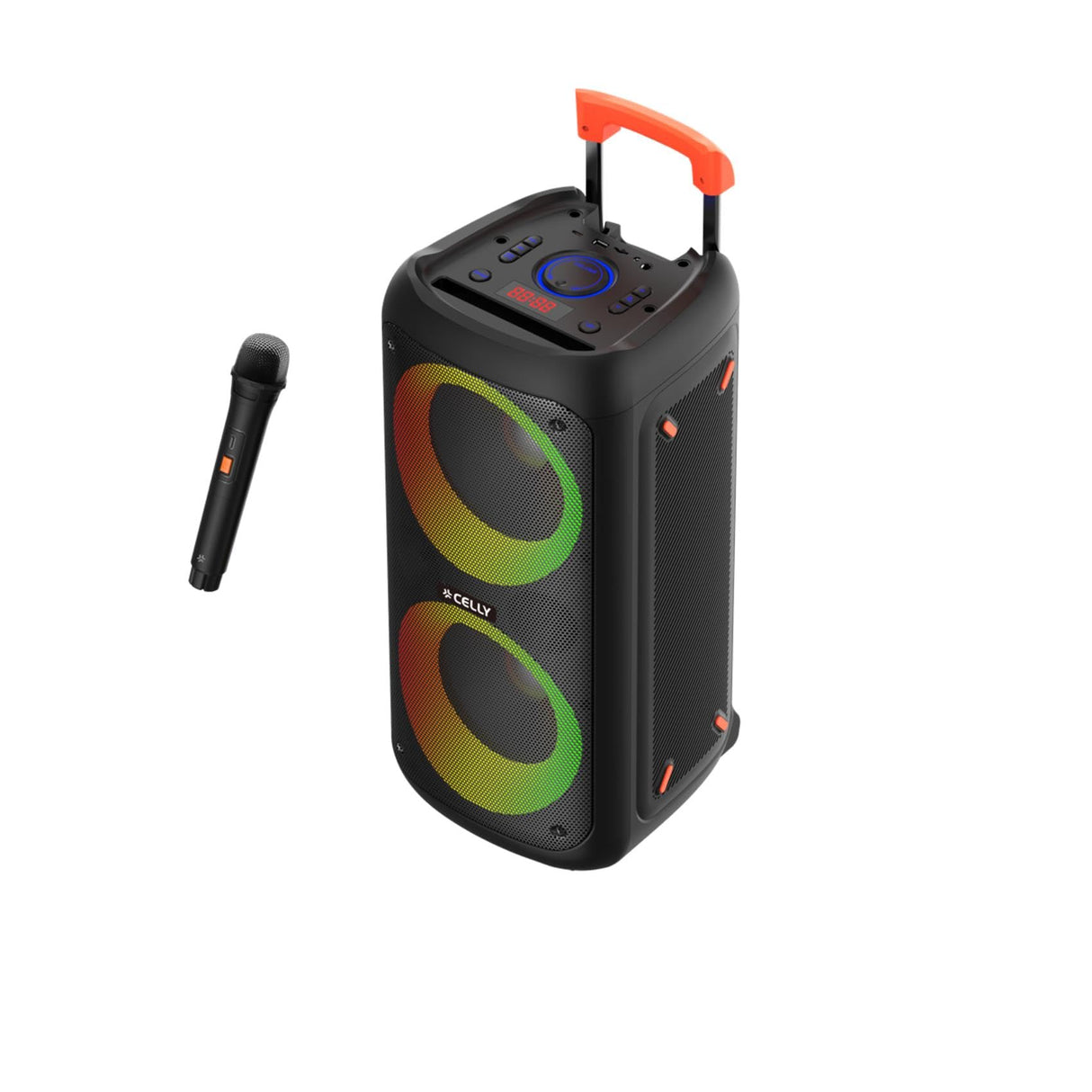 Celly, Altavoz Bluetooth portátil con micrófono inalámbrico y Efectos Luminosos, tecnología True Wireless Stereo para Fiestas y Eventos, fácil de Transportar, Potencia de 40 W