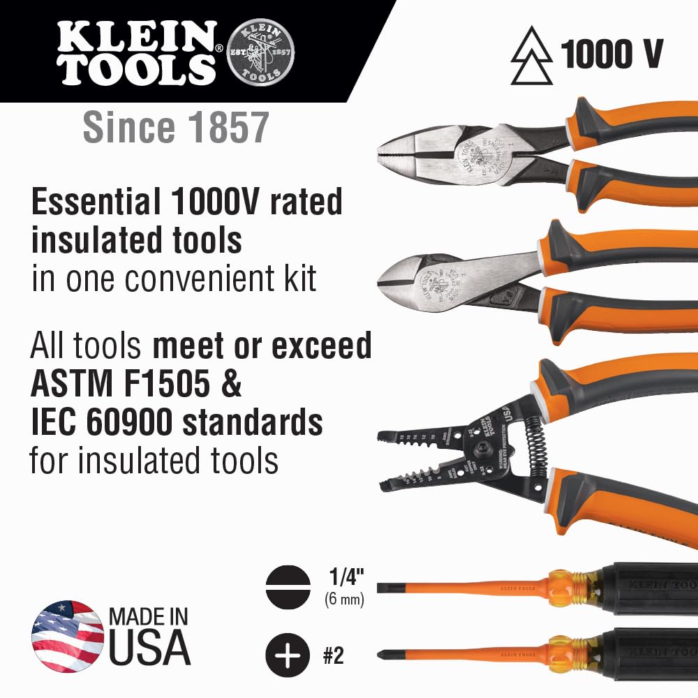 Klein Tools 94130 - Juego de herramientas de destornillador aislado, 1000 V con Phillips #2 y puntas delgadas de gabinete de 1/4 pulgadas, 2 alicates y pelacables, Klein Tools