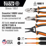 Klein Tools 94130 - Juego de herramientas de destornillador aislado, 1000 V con Phillips #2 y puntas delgadas de gabinete de 1/4 pulgadas, 2 alicates y pelacables, Klein Tools