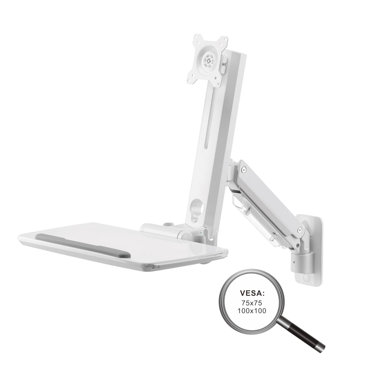 PureMounts Soporte para Monitor con Bandeja para Teclado, Soporte de Pared para Pantalla con Bandeja para Teclado, Ajustable en Altura, Giratorio, Inclinable, Estación de Trabajo de Pie, Blanco