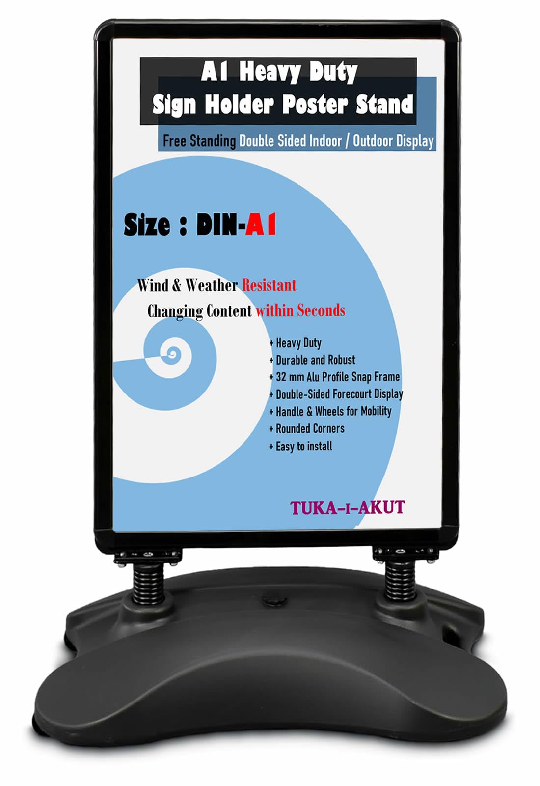 TUKA-i-AKUT DIN A1 Soporte para Carteles, Doble Cara, Robusto Expositor de Póster con Ruedas y Marco de Aluminio, Base Resistente, Soporte Publicitario Estable Interiores y Exteriores, TKD8425 Negro
