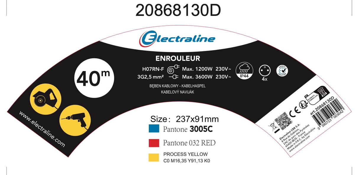 Electraline 20868130D - Cable alargador eléctrico IP44 profesional con bobinador de 40 m, cable de goma H07RN-F 3G2,5 mm², 4 enchufes 16A