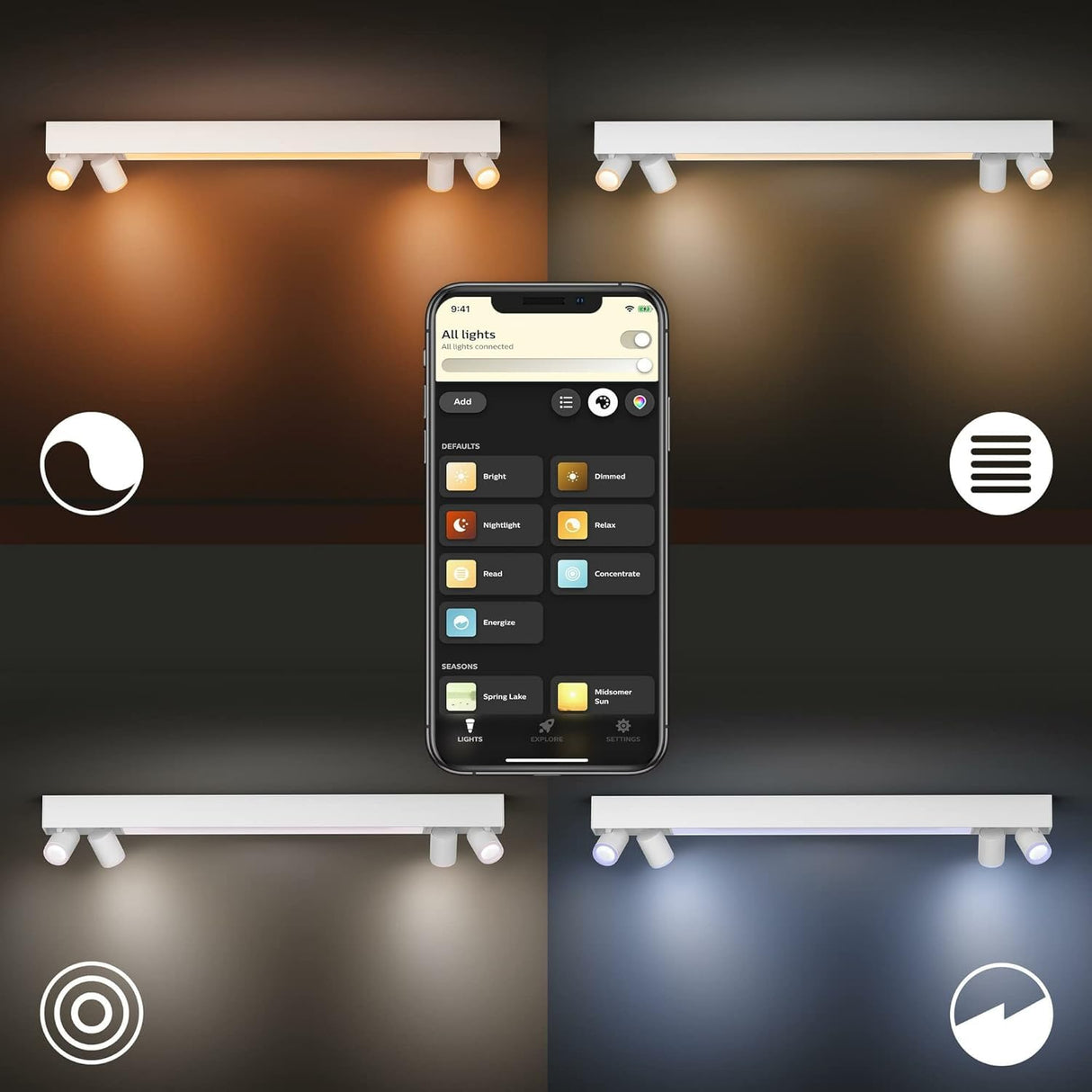Philips Hue White & Color Ambiance Centris de 4 focos, regulable, 16 millones de colores, controlable mediante app, compatible con Amazon Alexa, blanco