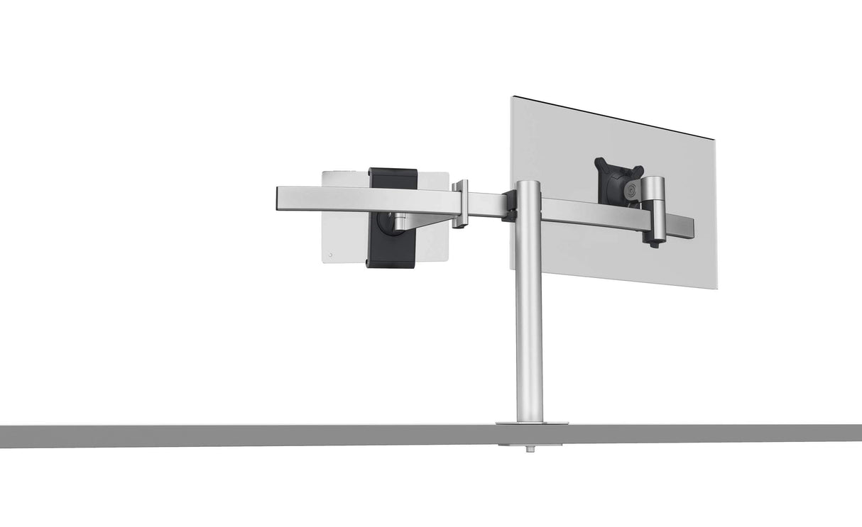 Durable Soporte de mesa Pro para 1 monitor de 21-27" y 1 tableta de 7-13", con paso de mesa, giratorio en 360°, inclinable, ajustable en altura, 508823, plata