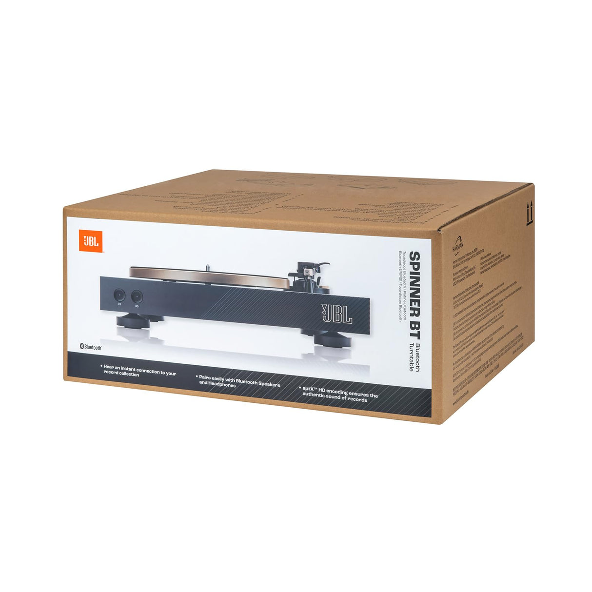 JBL Spinner BT, Tocadiscos Bluetooth con AptX-HD, cabezal extraíble, plato de aluminio y transmisión por correa, cartucho magnético móvil preinstalado, en negro y dorado