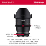 Samyang SA1514 - Lentes de Cámara Compatibles con 24MM T 1.5 MK2 MFT, Negro
