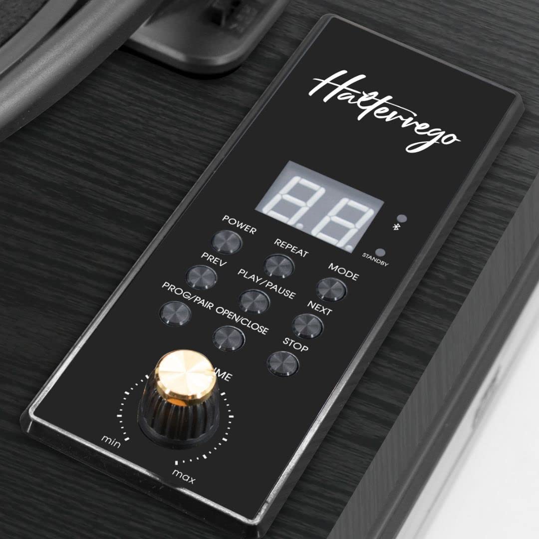 Platino Vinilo Halterrego Todo en uno con 2 HP Integrados/Tapa, RMS 2 x 8 W, 3 velocidades, Reproductor de CD, BT in, Radio FM, Aux in, RCA out, Color Negro