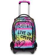 Seven Mochila con 3 Ruedas Trolley JACK-3WD - Colour Expression, Multicolor con Corazones - Mochila 3 en 1, Mochila Escolar con Carro, Crossover System - Bolso Escolar Niñas y Adolescentes