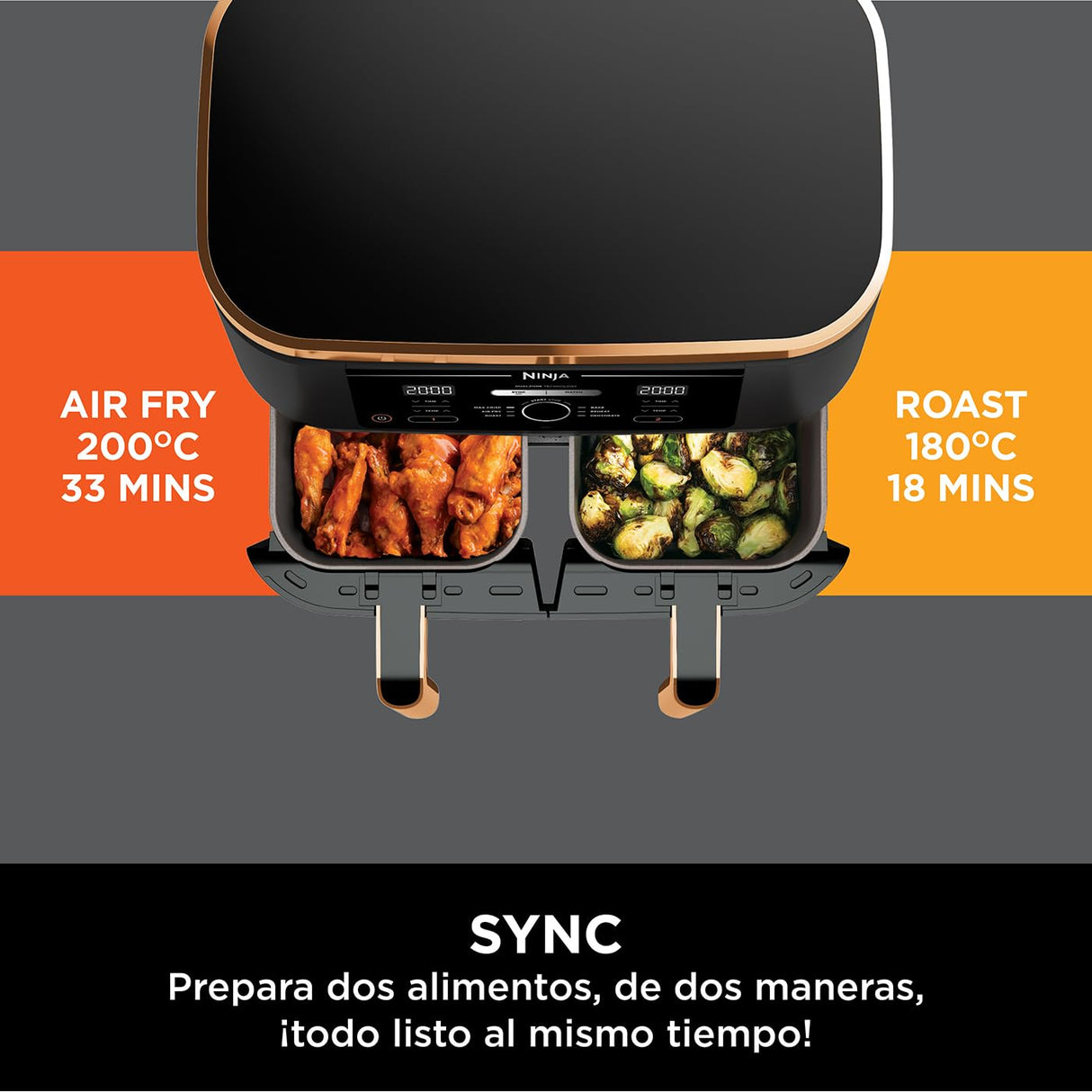 Ninja Freidora de aire Foodi MAX [AF400EUCP] doble compartimento, 9,5 l de capacidad, 2 cajones, 6 funciones, cobre