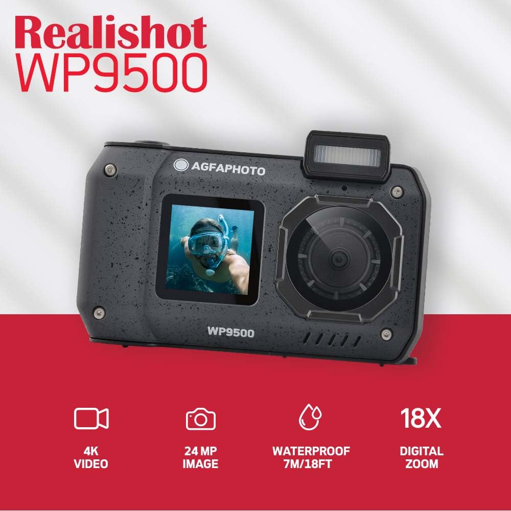 AgfaPhoto Realishot WP9500 - Cámara Digital Impermeable, Resistente al Agua 7m, 24 MP, Zoom Digital, Vídeo 4K, Doble Pantalla 2.9”/1.4”, Negro