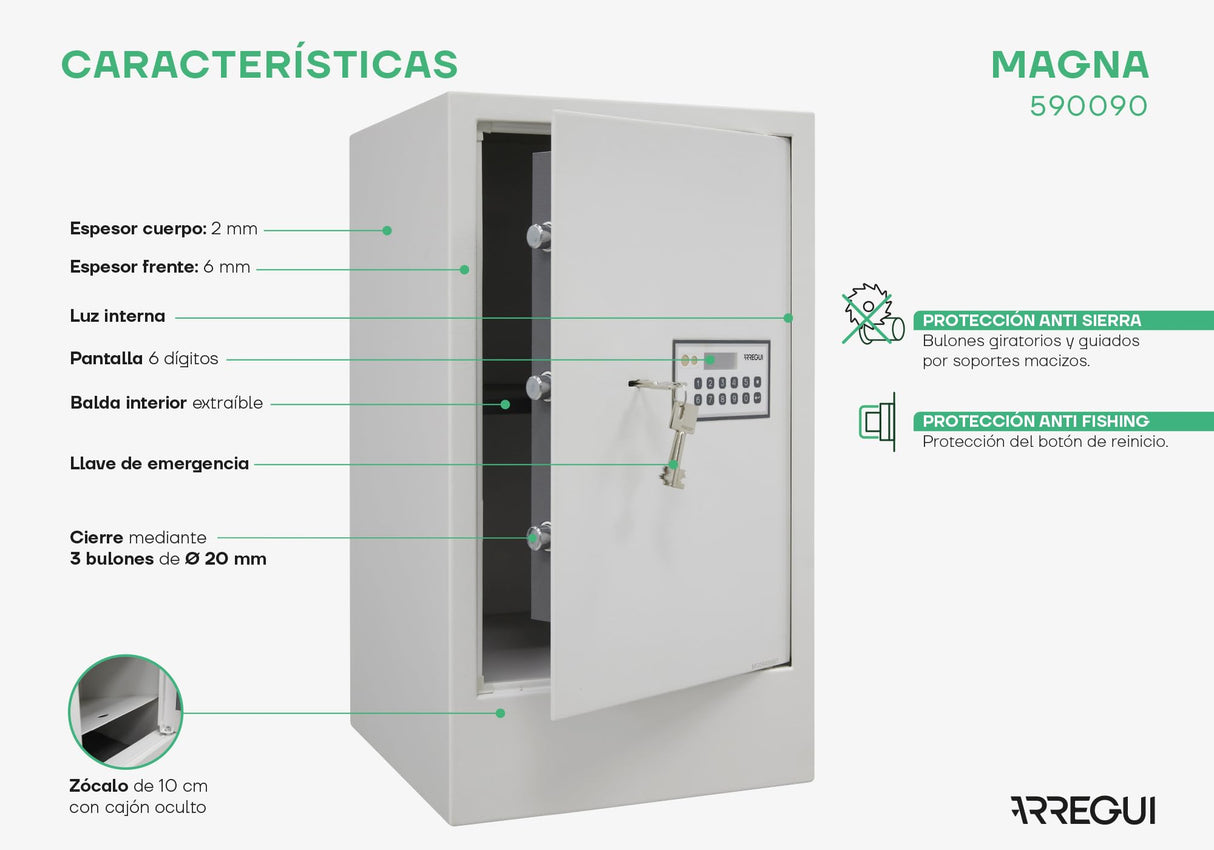 ARREGUI Magna 590090 Caja Fuerte con Cerradura de Doble Seguridad y Zócalo de 10 cm | Caja de Seguridad de Apertura con Codigo más Llave | Caja Fuerte Grande para Casa | 62x35x36 cm | 71 L