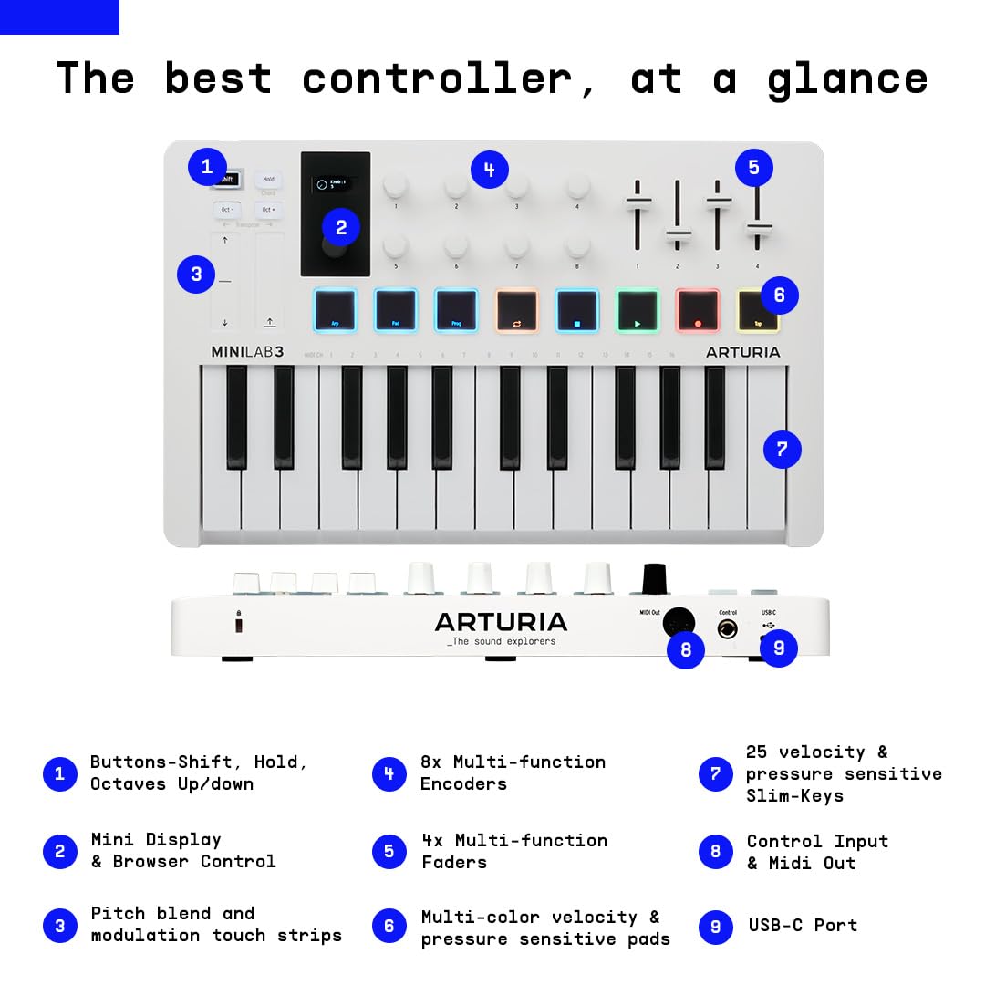Arturia - MiniLab 3 - Controlador MIDI Universal para Producción Musical, con Paquete de Software Todo en Uno - 25 Teclas, 8 Almohadillas, white