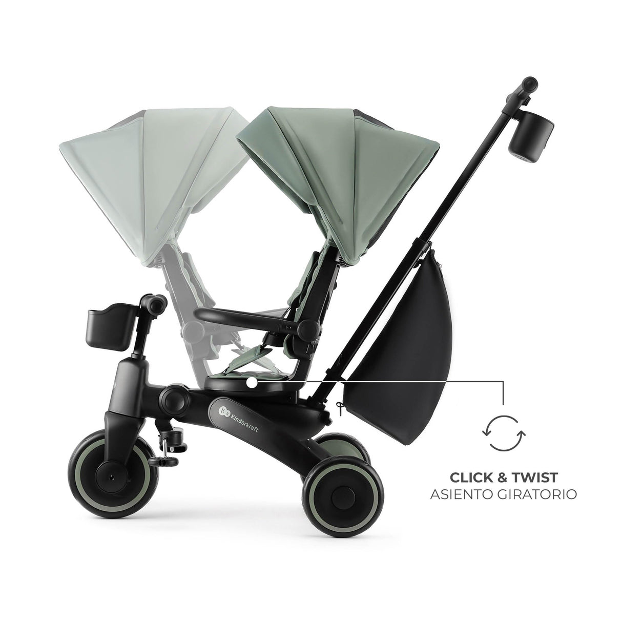 Kinderkraft JAZZ2 Triciclo 6 en 1, con función de Rueda para niños, Cochecito Plegable con Accesorios, protección UV UPF50+, de 9 Meses a 5 años, Verde