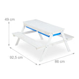 Relaxdays Grupo Mesa Pícnic Infantil con Sombrilla, Mesita Niños con 2 Bancos Madera, para Juegos con Arena y Agua, Blanca, Poliéster, 49 x 86 x 92,5 cm