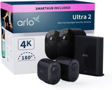 Arlo Ultra 2 Camara de Vigilancia WiFi Exterior 4K, Camara de Vigilancia WiFi Interior, Sensor de Movimiento, Alarmas Para Casa, Visión Nocturna Color, Prueba Arlo Secure Incluida , 2 Cámaras, Negras