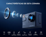 WOLFANG GA300 Cámara Acción 4K, Submarina 40m Impermeable con Tarjeta 32GB, WiFi 60FPS 24MP, Zoom 8X + Gran Angular 170° EIS, Mando 2.4G, Pantalla Táctil, 2 Baterías 1350mAh