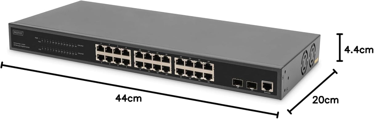DIGITUS 27 Port Managed Gigabit PoE Network Switch - 24 Ports RJ45-2 SFP Ports - 1 Console Port - 450W PoE Budget - Features L2-19 Inch
