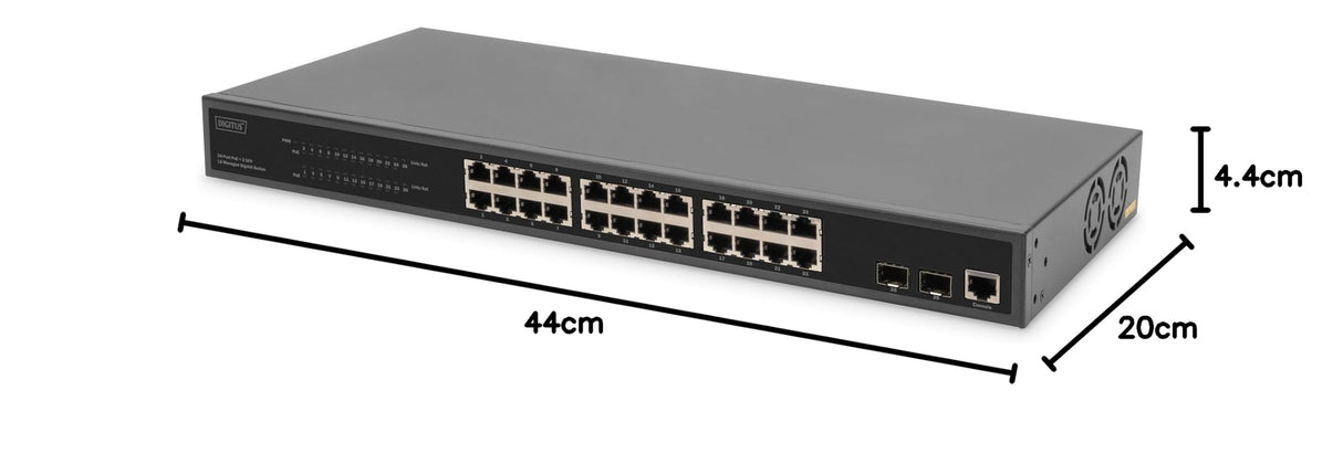DIGITUS Conmutador de Red PoE Gigabit Gestionado de 27 Puertos - 24 Puertos RJ45 - 2 Puertos SFP - 1 Puerto de Consola - 450W PoE Presupuesto - Características L2 - 19 Pulgadas