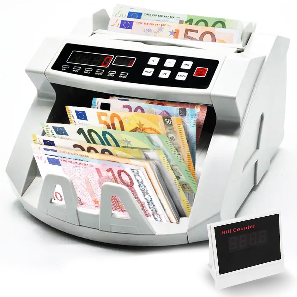 Contador de dinero portátil y detector de billetes falsos con doble pantalla led