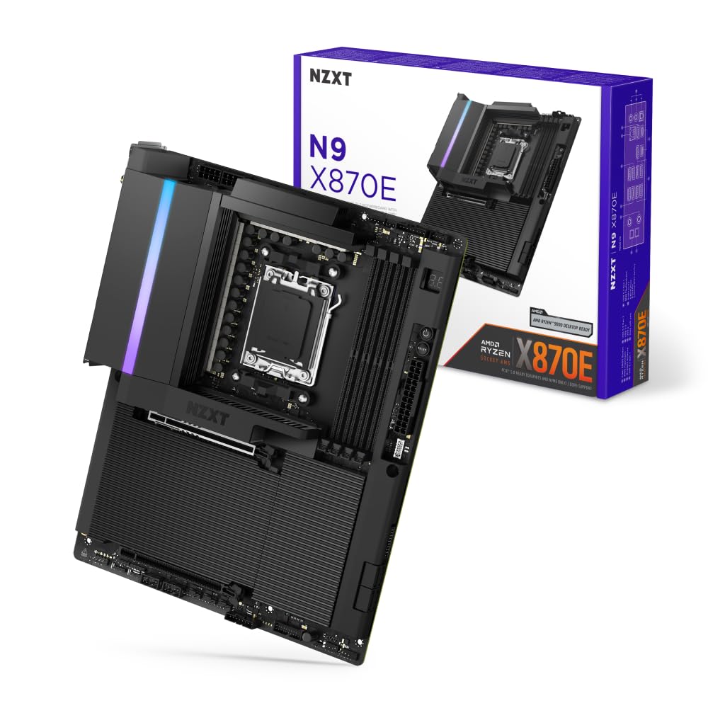 NZXT Placa Base para Juegos N9 X870E - AMD X870E AM5 ATX para Ryzen 9000/8000/7000-20+2+1, DDR5, 4X M.2, PCIe 5.0, 5GbE – Cubierta de Metal Completo, Pestillos de liberación rápida M.2 – Negro