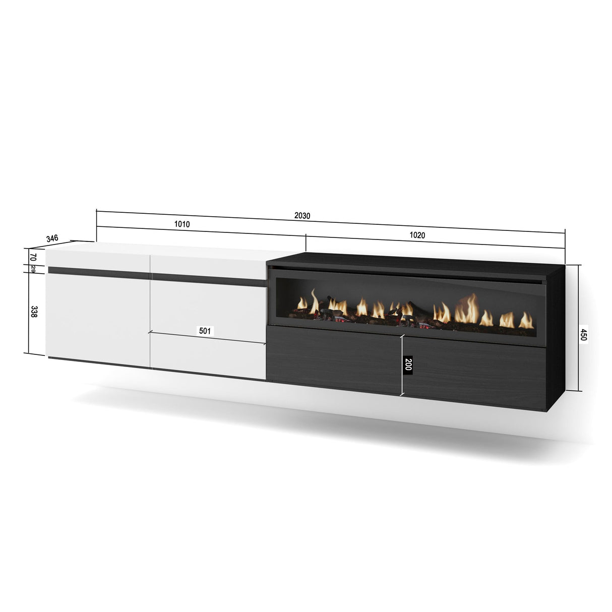 Skraut Home | Mueble TV | Televisión | Muebles de salón, almacenaje | 200x45x35cm | para TV hasta 80" | Chimenea eléctrica | Colgado, Suspendido | Estilo Moderno | Blanco y Negro