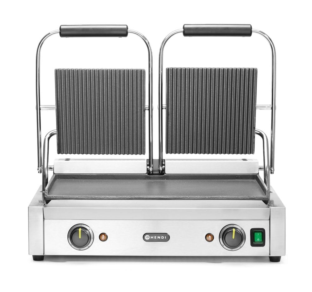 HENDI Parrilla Eléctrica de Contacto Doble, Grill/Plancha Panini y Sandwichera Profesional, Placas Acanaladas y Lisas de Hierro Fundido Esmaltado, 230V, 3600W, 570x375x(H)216mm, Acero Inoxidable