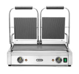 HENDI Parrilla Eléctrica de Contacto Doble, Grill/Plancha Panini y Sandwichera Profesional, Placas Acanaladas y Lisas de Hierro Fundido Esmaltado, 230V, 3600W, 570x375x(H)216mm, Acero Inoxidable