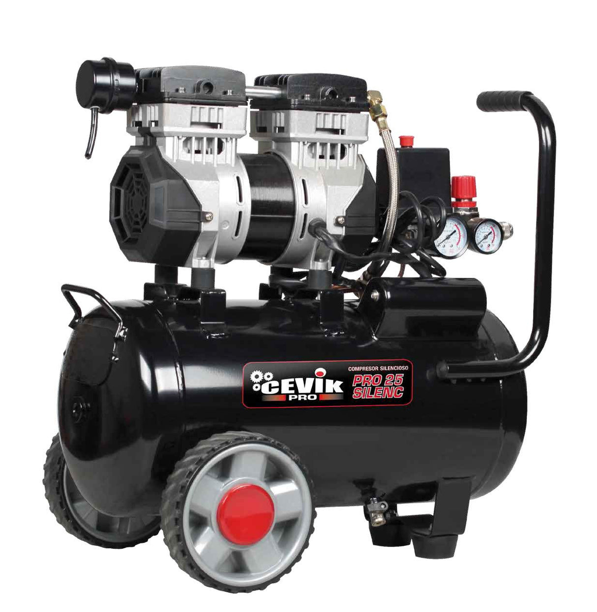 CEVIK PRO - CA-PRO25SILENC - Compresor de Aire Silencioso - 59 dB - Capacidad de 25 L - Motor de 1.5HP - Presión Máx 8 Bar - Caudal de 150 l/min - Sin Aceite - Sin Mantenimiento - Compacto y Portátil