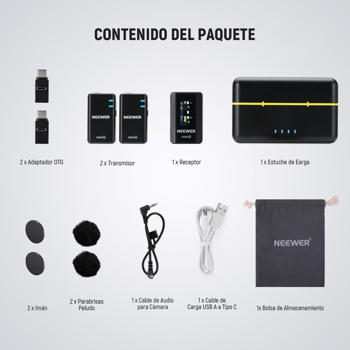 NEEWER CM28 Sistema Micrófono Lavalier Inalámbrico con Estuche Carga Cancelar Ruido 4GB Almacenamiento 9H Grabación 48KHz Audio 16 Bits Micrófono Solapa Compatible con iPhone iPad Android PC Cámara